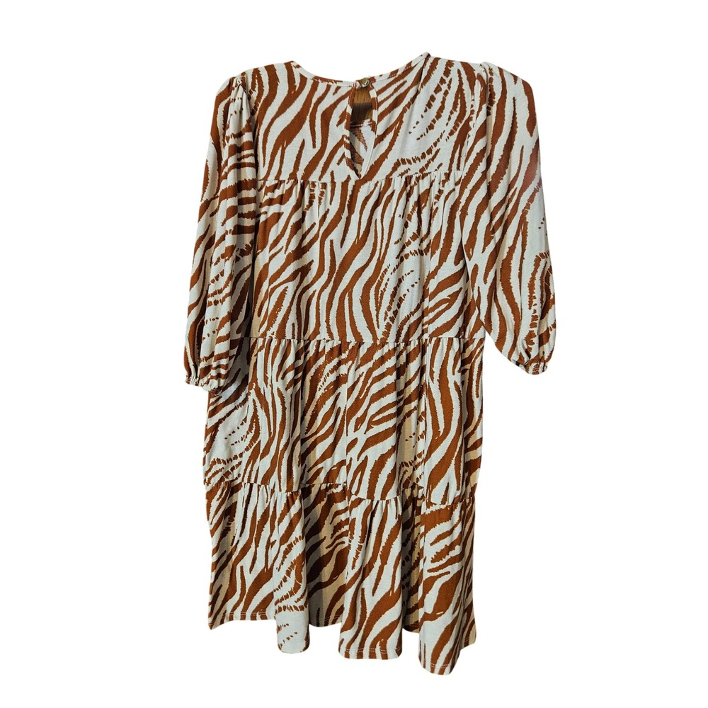 MTS Zebra Print Tiered Babydoll Mini Dress Rust Brown Cream Small